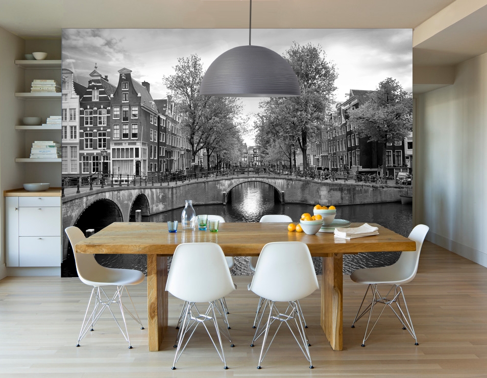 Vlies fotobehang Amsterdamse grachten zwart wit