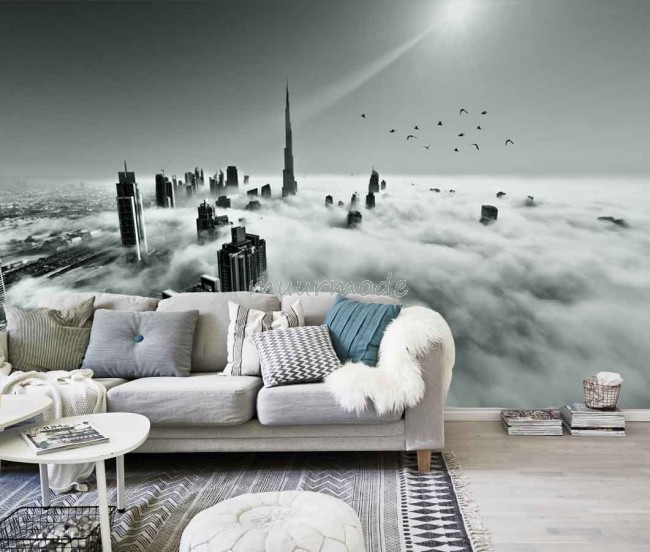 fotobehang Skyline Dubai in de mist | Muurmode.nl