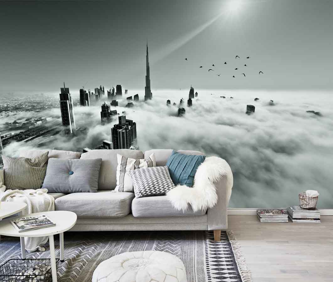 Vlies fotobehang Skyline Dubai in de mist